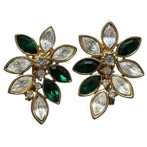 Monet Gold Tone Green Clear Rhinestone Floral Spray Clip On Statement Earrings